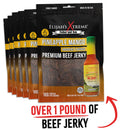Six packs of Elijah's Xtreme Pineapple-Mango Habanero Beef Jerky are displayed, each with a hot sauce bottle on the packaging and 16g protein per serving—over 1 pound of bold, tropical jerky flavor in every box.