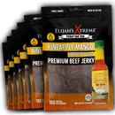 Five bags of Elijah's Xtreme Pineapple-Mango Habanero Beef Jerky are displayed, each pack featuring a hot sauce bottle. This jerky packs 16g of protein per serving and delivers a bold, spicy tropical flavor.