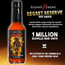 Elijah’s Xtreme Regret Reserve Hot Sauce by Elijah’s Xtreme features fiery graphics and a flaming skull, highlighting "1 Million Scoville Heat Units." This Carolina Reaper hot sauce delivers pure pepper heat with no extracts or chemicals.