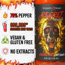 Elijah’s Xtreme Regret Reserve Hot Sauce features a fiery skull label, 70% peppers, 999,999 Scoville units. It’s vegan, gluten free, no extracts—made with Carolina Reaper for extreme heat. Flame and warning icons emphasize the intensity.