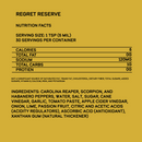 Bright yellow nutrition label for Elijah's Xtreme Regret Reserve Hot Sauce details serving size, calories, sodium, carbs, plus ingredients: Carolina Reaper hot sauce, vinegar, spices, xanthan gum, and preservatives. Brand: Elijah's Xtreme.