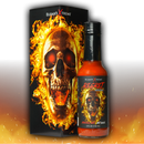 A bottle of Elijah's Xtreme Regret Reserve Hot Sauce by Elijah's Xtreme sits before its box, both displaying a fiery skull with glowing red eyes and flames, emphasizing this ultra-hot Carolina Reaper pepper sauce.