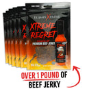 Multiple packs of Elijah's Xtreme Regret Spicy Beef Jerky from Elijah's Xtreme are displayed, each showing a hot sauce bottle image. Below, text reads “OVER 1 POUND OF BEEF JERKY” with a red arrow pointing to the spicy jerky packets.