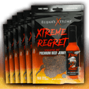Five packs of Elijah's Xtreme Regret Spicy Beef Jerky from Elijah's Xtreme are shown, each featuring fiery graphics, a hot sauce bottle image, and bold branding that highlights the extreme spiciness of this jerky.