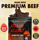 An open pack of Elijah's Xtreme Regret Spicy Beef Jerky from Elijah's Xtreme sits on wood, with pieces visible. The label highlights extreme heat, high protein, premium spicy beef jerky, and a Texas-made product.