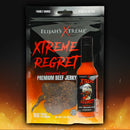 Elijah's Xtreme Regret Spicy Beef Jerky by Elijah's Xtreme is shown with fiery graphics and a hot sauce bottle, highlighting 16g protein per serving as an extreme heat, bold, and spicy snack.