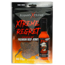 A package of Elijah's Xtreme Regret Spicy Beef Jerky features bold red and black text, a hot sauce bottle, and a fiery background. This Carolina Reaper jerky by Elijah's Xtreme packs 16g protein per serving for an intensely spicy snack.