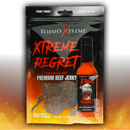 A pack of Elijah's Xtreme Regret Spicy Beef Jerky sits beside a matching hot sauce bottle. Bold red and orange flame graphics highlight 16g protein per serving and promise an intensely spicy snack from Elijah's Xtreme.