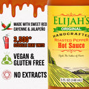 Partial bottle of Elijah’s Xtreme Roasted Cayenne and Jalapeño Pepper Sauce: “Made with sweet red cayenne & jalapeño,” “3,500* Scoville,” “Vegan & gluten free,” “No extracts.” 5 fl oz (148 mL) bottle with orange drip border.