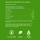 Solid green label for Elijah's Xtreme Roasted Cayenne and Jalapeño Pepper Sauce with white text displaying nutrition facts, ingredients, and icons for gluten-free, vegan, and mild heat (1,000 Scoville units). Brand: Elijah's Xtreme.