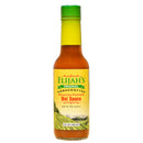 A 5 fl oz (148 ml) bottle of Elijah's Xtreme Roasted Cayenne and Jalapeño Pepper Sauce with a green cap and yellow label featuring farm imagery and product details.