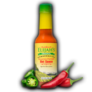 A bottle of Elijah’s Xtreme Roasted Cayenne and Jalapeño Pepper Sauce is shown with sliced jalapeños and two whole red chili peppers in front of it on a white background.