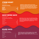 Three hot sauce labels with nutrition facts and ingredients for Elijah's Xtreme World's Hottest Trio Variety Pack (Xtreme Regret: yellow/orange, Ghost Pepper Sauce: red, Carolina Reaper: maroon). Each label features an extreme heat warning. Brand: Elijah's Xtreme.