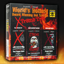 Elijah’s Xtreme World's Hottest Trio Hot Sauce Variety Pack features three bottles—Ghost Pepper, Scorpion, and Carolina Reaper hot sauces—with fiery graphics and a caution skull symbol for extreme heat fans.