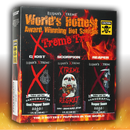A box labeled Elijah's Xtreme World's Hottest Trio Hot Sauce Variety Pack by Elijah's Xtreme shows Ghost Pepper, Scorpion Pepper, and Carolina Reaper sauces with fiery graphics and warning symbols.
