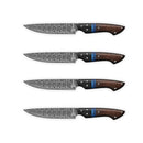 The Folded Steel Dahlia 4-Piece AUS10 Stainless Steel Steak Knife Set features four identical knives with patterned Damascus blades, wooden handles, blue accent bands, and two metal rivets, displayed horizontally on a white background.