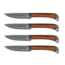 The Folded Steel Lotus 4-Piece Steak Set features AUS10 stainless steel blades and wooden handles, arranged in a row on a white background to highlight this elegant steak knife set by Folded Steel.