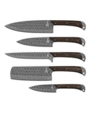 Five kitchen knives from the Folded Steel Lotus 5-Piece Knife Set AUS10 Stainless Steel by Folded Steel, featuring dark wooden handles and patterned blades, are arranged in a row on a white background.