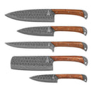 Five knives from the Folded Steel Lotus 5-Piece Knife Set by Folded Steel, featuring AUS10 stainless steel blades and wooden handles, are displayed side by side on a white background to show their different shapes and sizes.