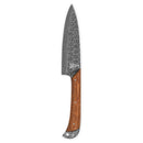 The Folded Steel Lotus 6" Chef Knife with AUS10 stainless steel and a polished wooden handle is displayed on a white background.