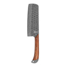 The Folded Steel Lotus Cleaver features an AUS10 Damascus steel blade with a patterned finish and a curved wooden handle—an elegant addition to any kitchen, showcased against a white background.