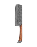 The Folded Steel Lotus Cleaver features an AUS10 stainless Damascus steel blade, a curved wooden handle with silver rivets, and an intricate metal base design, all displayed on a white background.