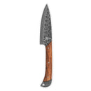 The Folded Steel Lotus Paring Knife features a patterned Damascus AUS10 stainless steel blade and a wooden handle, designed for precise kitchen prep, shown on a white background.