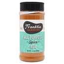 A clear plastic jar of Franklin All Purpose Spice BBQ Rub by Franklin Barbecue, featuring a black lid and turquoise label with white and orange text. Net weight: 11.5 oz (326g).