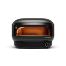 Compact black Gozney Arc Lite outdoor pizza oven with a glowing orange interior for authentic pizza cooking.