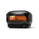 A black Gozney Arc Lite Outdoor Pizza Oven with a wide arched opening containing a flickering flame for authentic pizza cooking.