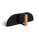 A modern, minimalist bookend with a black metal base and a vertical wooden block—its sleek look matches the refined insulated oven door of the Gozney Dome Gen 2 Door by Gozney, all set against a plain white background.