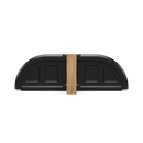 The Gozney Dome Gen 2 Door by Gozney, a black semicircular insulated oven door with panel details, rests horizontally against a vertical wooden plank on a white background—ideal for smoking and slow-roasting.