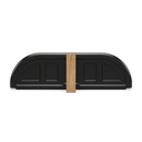 The Gozney Dome XL Gen 2 Door by Gozney, a black, half-cylinder panel resembling an insulated oven door, is positioned horizontally with a vertical wooden plank intersecting its center against a plain white background.