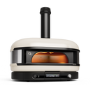 The Gozney Dome XL Gen 2 Outdoor Pizza Oven by Gozney, shown from the front in cream with a chimney and digital display, bakes fresh pizza inside, highlighting restaurant-grade performance against a white background.