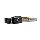 The Gozney Wood-Fire Control Kit by Gozney is a black electronic device with precision airflow control, featuring a central dial, two small rectangular attachments, and a metal tray holding burning firewood on a white background.