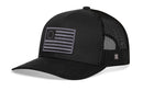 The Haka Hat Betsy Ross Flag Trucker Hat is a black snapback with a mesh back and a gray USA Betsy Ross-style flag patch on the front.