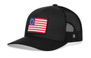The Haka Hat Betsy Ross Flag Trucker Hat in black features a mesh back, snapback closure, and a front 13-star American flag patch—a classic USA trucker hat style by Haka Hat.