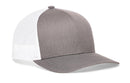 The Haka Hat Blank Trucker Hat | Snapback by Haka Hat is a gray hat with a white mesh back and curved brim, shown front-on against a white background and features a comfort-fit sweatband for extra comfort.