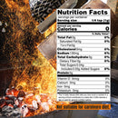 A zero-value nutrition label appears over hot coals and forging metal. Text below states: Not suitable for carnivore diet—no sign of BBQ seasoning or Hardcore Carnivore Amplify Mega Savory Flavor Dust Seasoning from Hardcore Carnivore.