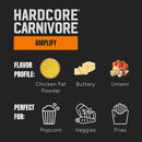 Infographic for Hardcore Carnivore Amplify Mega Savory Flavor Dust Seasoning by Hardcore Carnivore, a bold BBQ and umami enhancer with chicken fat powder and buttery notes. Suggested uses—popcorn, veggies, fries—are shown with matching icons.