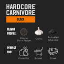 Hardcore Carnivore Black Beef Seasoning label highlights coarse black pepper, garlic, activated charcoal, and use on prime rib, brisket, and steak. Sleek black background with white accents. Ideal BBQ rub from Hardcore Carnivore.