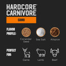 Hardcore Carnivore Camo Game & Lamb Seasoning blends coriander seed, sea salt, and allspice—ideal as a BBQ rub for lamb or beef. Packaged by Hardcore Carnivore with matching icons on a sleek black background.