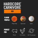 Hardcore Carnivore Red All Purpose Seasoning features paprika, mixed spices, and salt—ideal for pork, chicken, or as an all-purpose BBQ rub. The label has a black background with bold white and orange text.