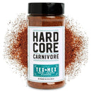 The Hardcore Carnivore BBQ Rub Sampler Set is shown with loose reddish-brown seasoning, ideal for adding to your BBQ bundle or a grill gift set. The white label features bold black text and turquoise accents, highlighting the Hardcore Carnivore brand.