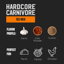 Hardcore Carnivore Tex-Mex Taco and Fajita Seasoning by Hardcore Carnivore features garlic, chili powder, and cumin—perfect for chicken tacos or fajitas. Related icons appear on a black background.