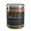 Harmacy Hot Sauce Co. Pata del Diablo Extra Hot Tomatillo & Clementine Sauce (9oz) features a black label with red flames, green accents, and highlights its bright citrus flavor and blazing heat from super-hot peppers. Latin-inspired.