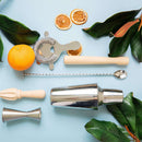 The In the Curious Kitchen Cocktail Bar Tool Kit by In The Curious Kitchen includes a shaker with strainer, muddler, bar spoon, jigger, citrus reamer, orange, dried citrus slices, and green leaves on a light blue background.
