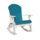 The Kanyon Living Adirondack Rocking Chair in Aruba Blue & White features a slatted back and seat, armrests, and curved rockers, crafted from durable poly lumber by Kanyon Living, shown against a plain white background.