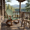 A Kanyon Living Adirondack Rocking Chair in dark green and cedar wood sits on a log cabin porch by a lake, with a blanket draped over the railing and a mug and book on a wooden table nearby.