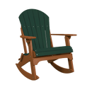 The Kanyon Living Adirondack Rocking Chair, featuring a dark green slatted back and seat with cedar wood armrests and legs, is shown against a white background.